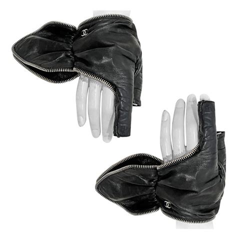 chanel black leather fingerless gloves|Chanel long leather gloves.